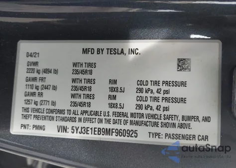 2021 Tesla Model 3 Long Range Dual Motor All-Wheel Drive из США, поврежденный, VIN 5YJ3E1EB9MF960925